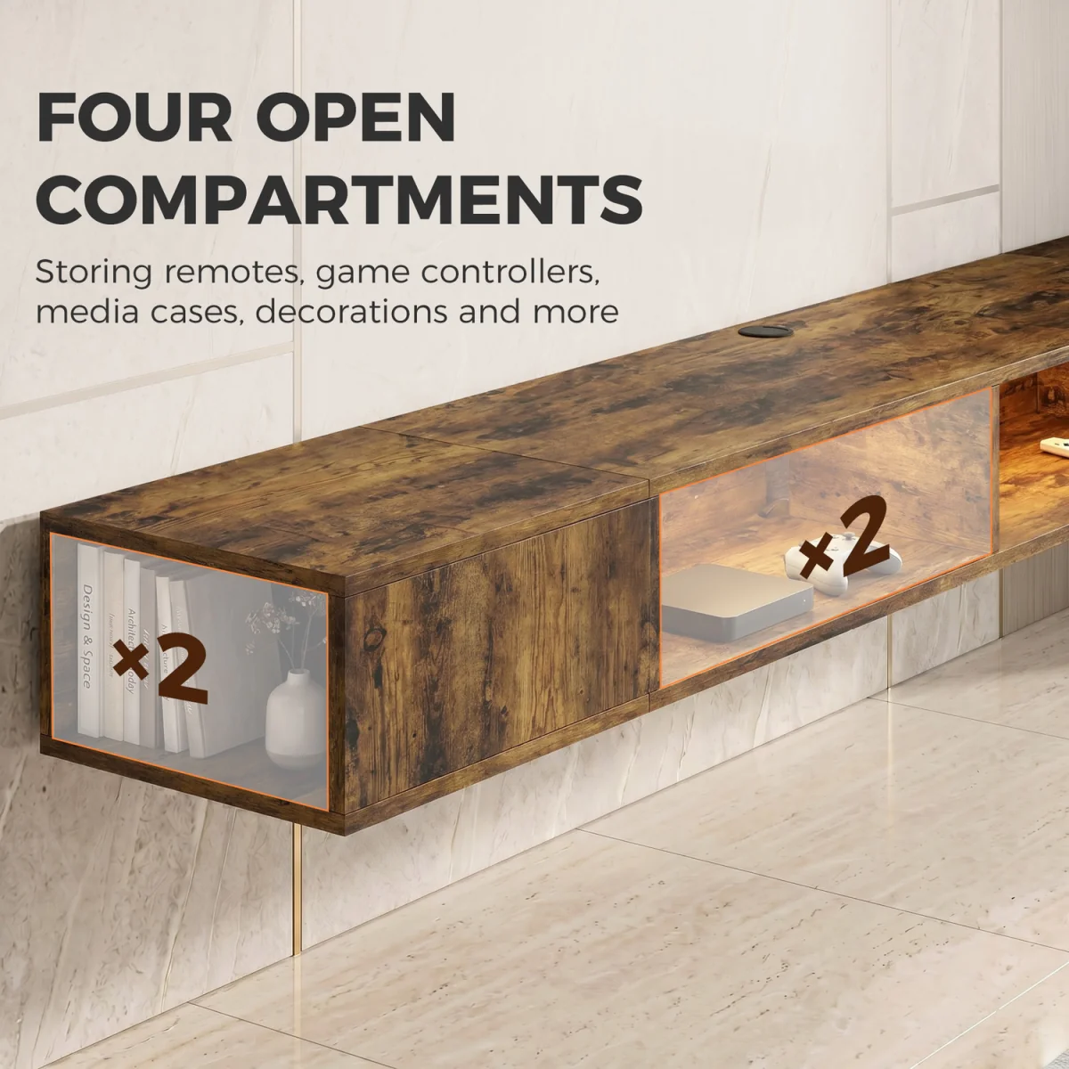 HOMCOM TV Stand with RGB LED Lights for 75-Inch TV - Rustic Brown – image 5