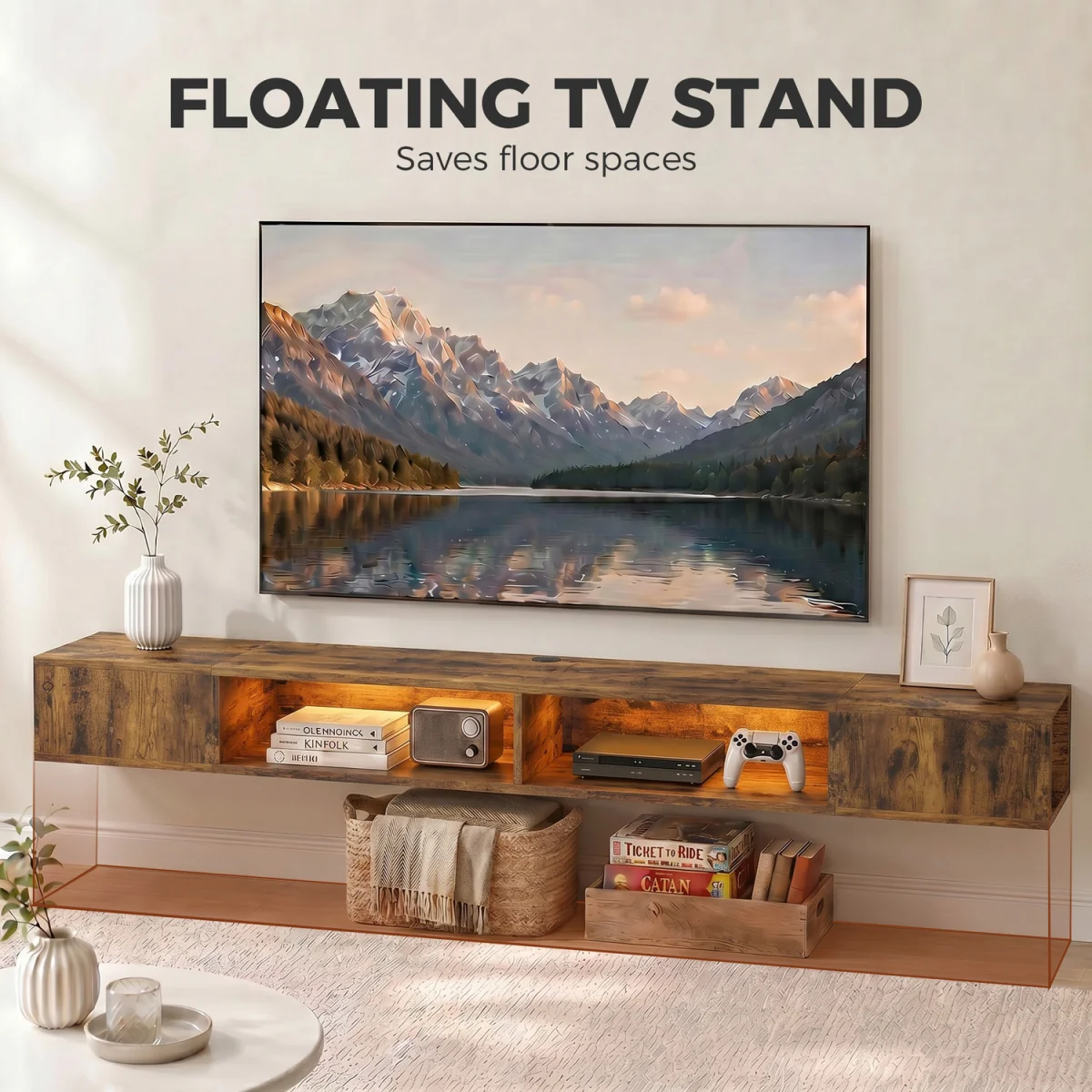 HOMCOM TV Stand with RGB LED Lights for 75-Inch TV - Rustic Brown – image 6