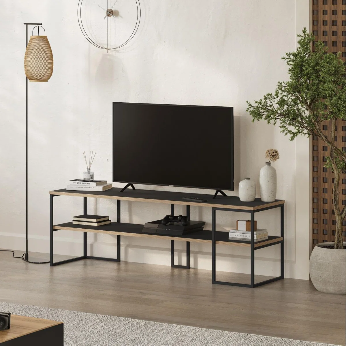 Modern TV Unit Open Shelf Metal Frame Black Wood, Plywood - Natural Oak