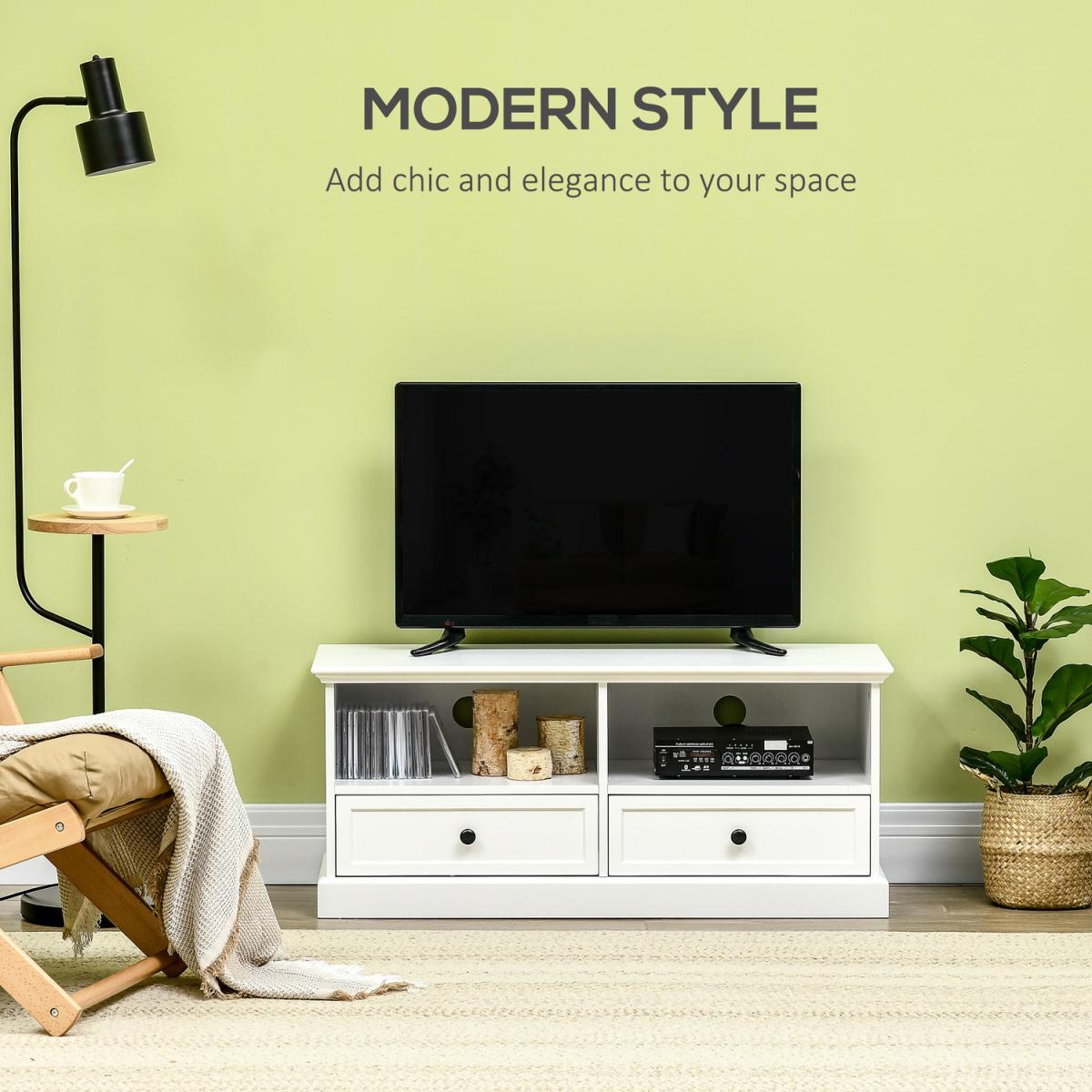 TV Stand Cabinet with Cable Management, Drawer and Shelf  - White – image 3