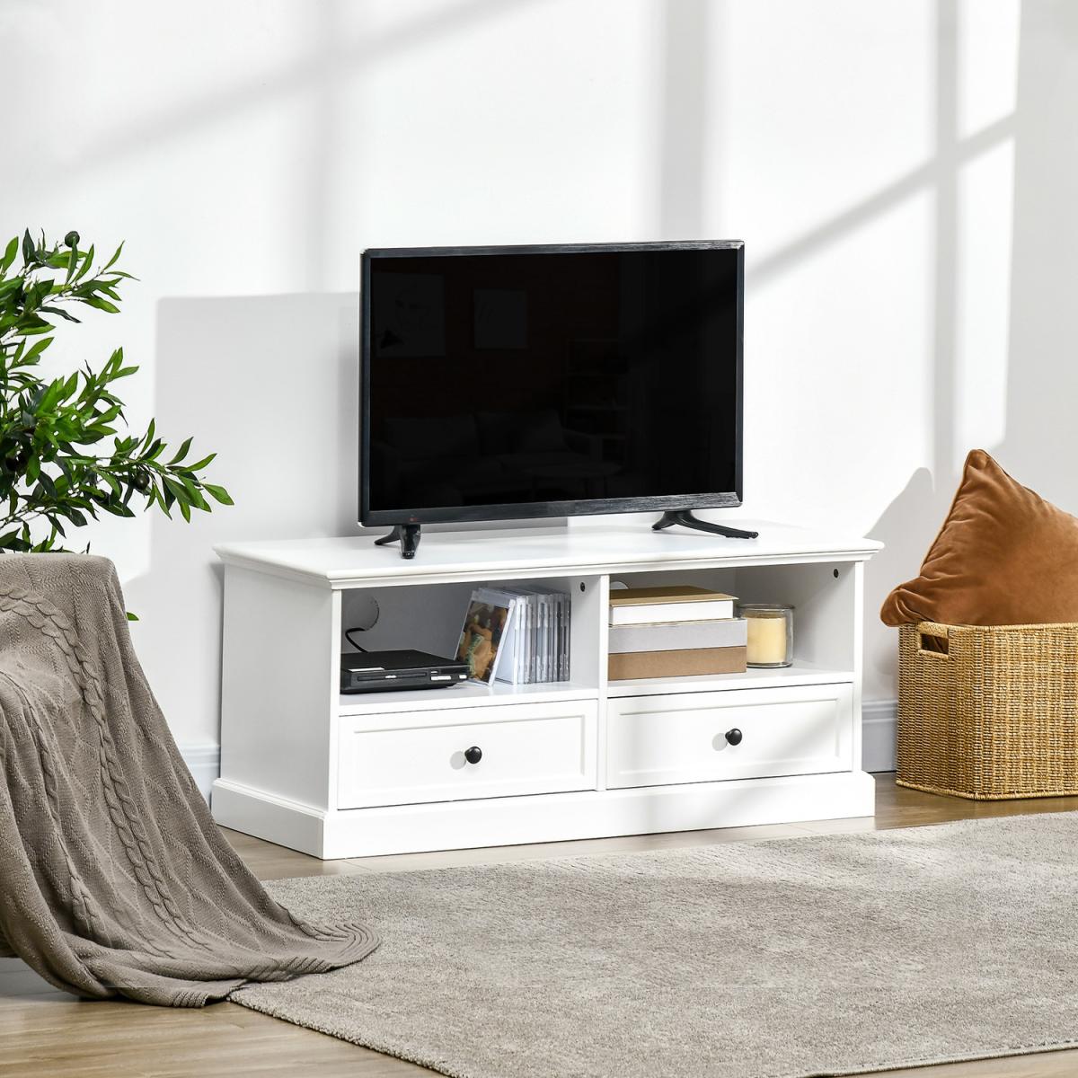 TV Stand Cabinet with Cable Management, Drawer and Shelf  - White – image 5
