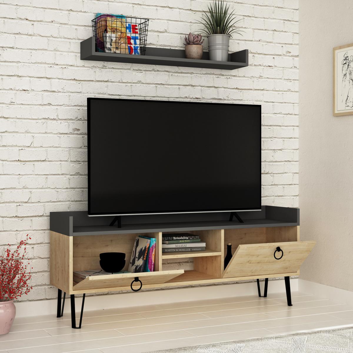 Keday Modern TV Stand Multimedia Centre TV Unit With Wall Shelf - Oak – image 4