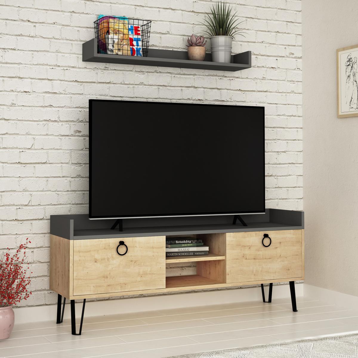 Keday Modern TV Stand Multimedia Centre TV Unit With Wall Shelf - Oak – image 1
