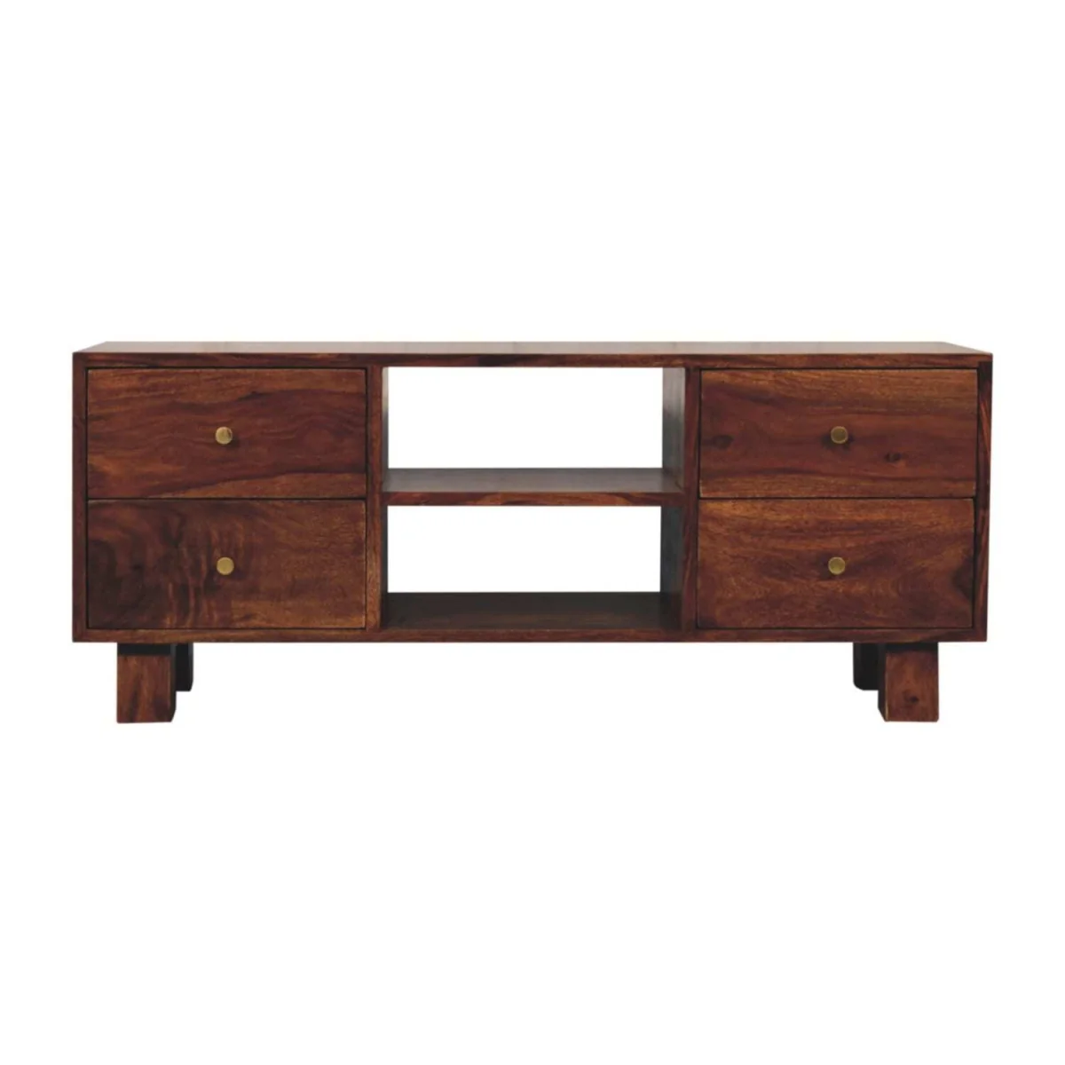 Bologna Sheesham Wood TV Media Unit 4 Drawers Brass Knobs - Brown – image 2