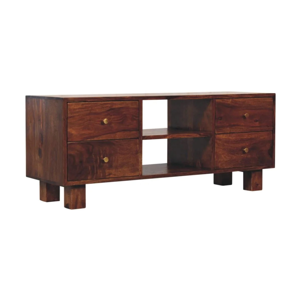 Bologna Sheesham Wood TV Media Unit 4 Drawers Brass Knobs - Brown – image 3