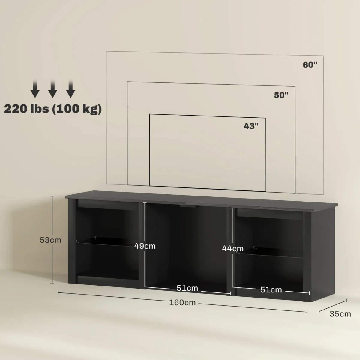Filu Nara 160cm Black TV Stand with LED Lighting and Storage for 65 Inch Screens – image 5