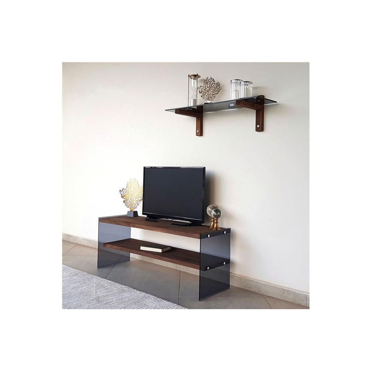 Solid Wood and Glass TV Unit Shelf Tv101 Smoked Walnut - Smoked & Walnut – image 2