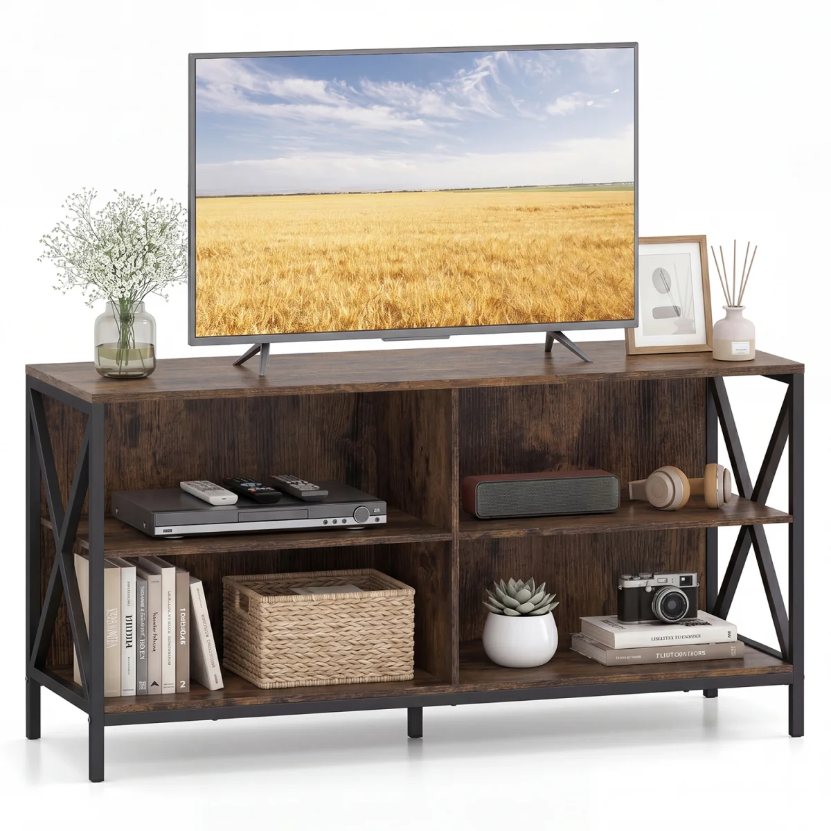 120CM Entertainment TV Stand with Open Storage Shelves-Brown - Brown – image 2