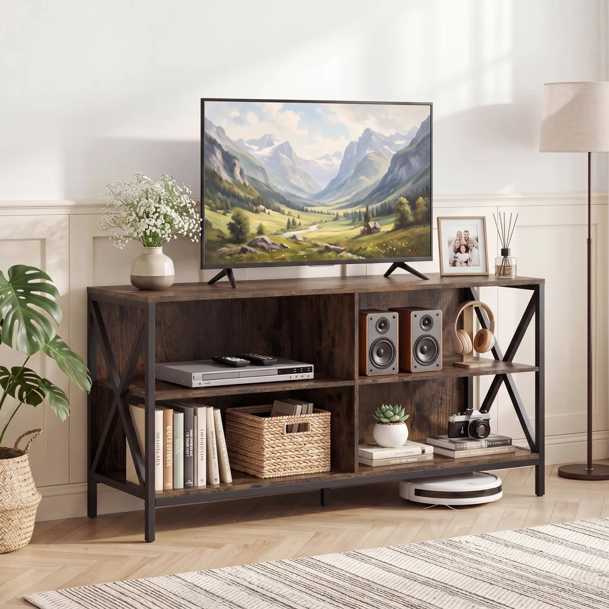 120CM Entertainment TV Stand with Open Storage Shelves-Brown - Brown – image 4