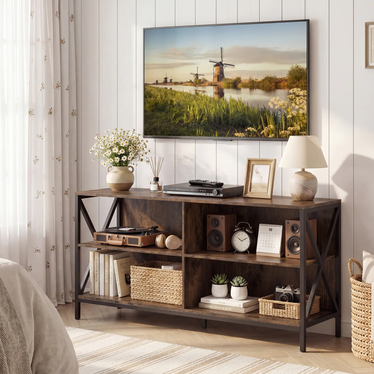120CM Entertainment TV Stand with Open Storage Shelves-Brown - Brown – image 5