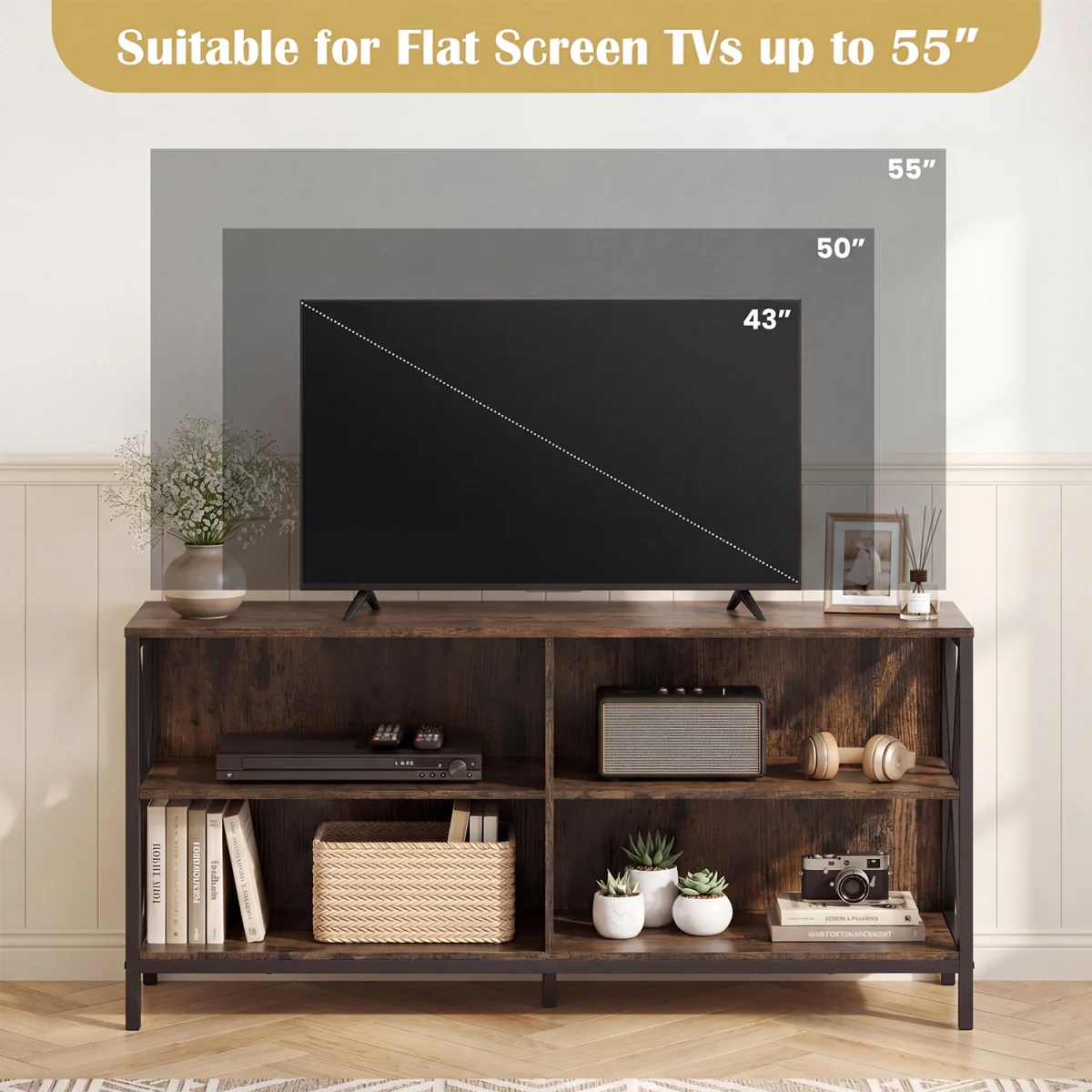 120CM Entertainment TV Stand with Open Storage Shelves-Brown - Brown – image 6