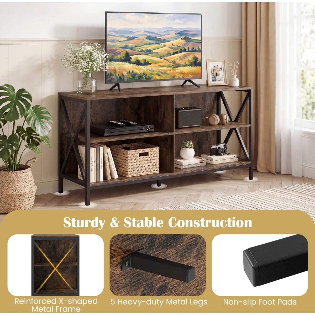 120CM Entertainment TV Stand with Open Storage Shelves-Brown - Brown – image 7