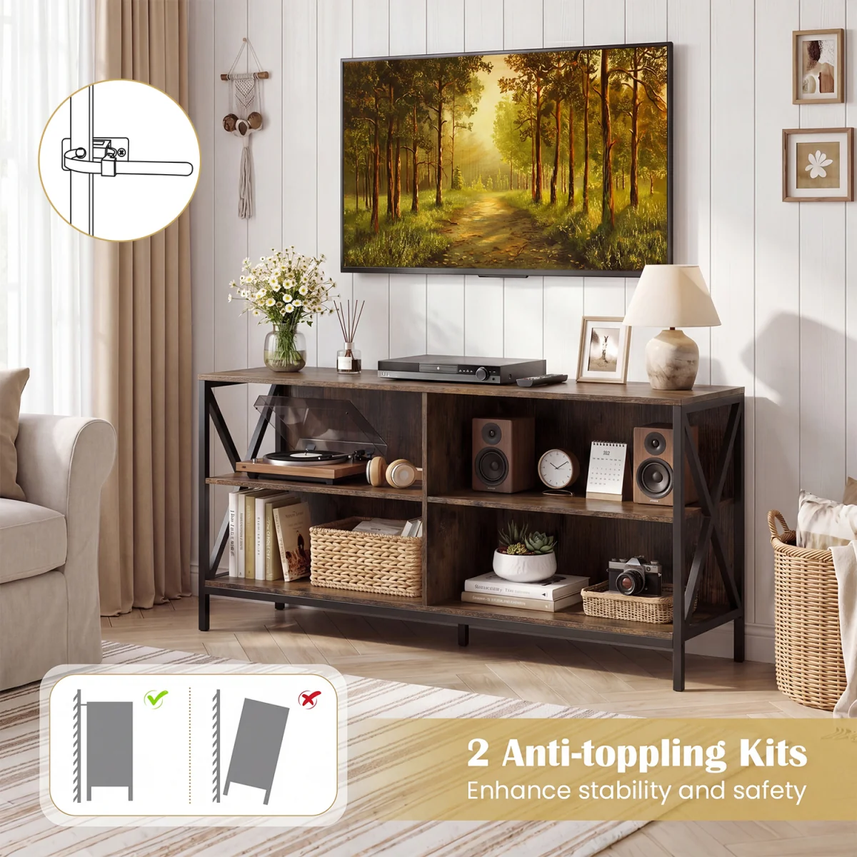 120CM Entertainment TV Stand with Open Storage Shelves-Brown - Brown – image 9