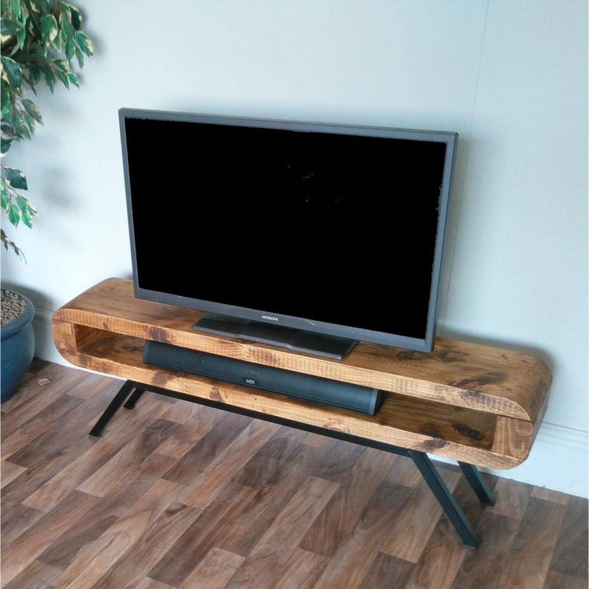 Narrow Retro Style TV Unit with Black Rustic Frame - Medium Oak – image 2