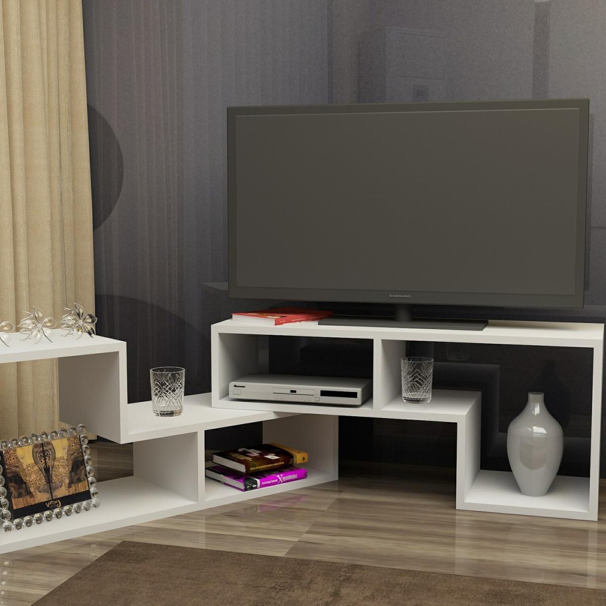Tetris 120 cm Two L-Shaped Pieces Tv Stand with Adjustable Shelves - White – image 2