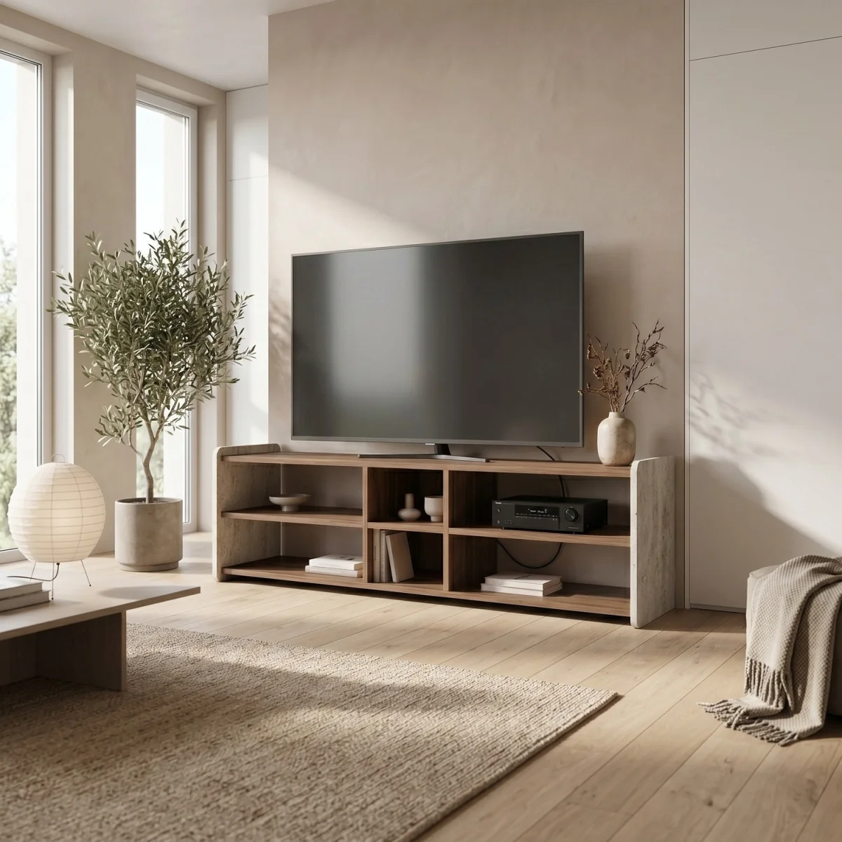 Decortie Bige TV Unit For TVs Up To 55in With 6 Open Shelves - Whiskey Oak – image 2