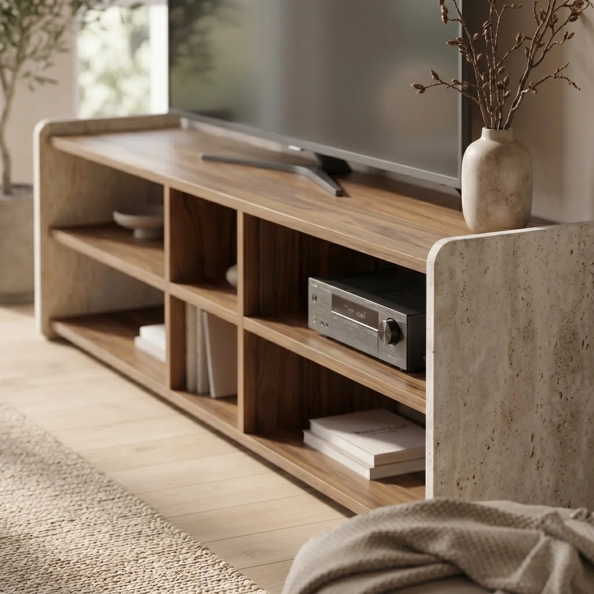 Decortie Bige TV Unit For TVs Up To 55in With 6 Open Shelves - Whiskey Oak – image 4