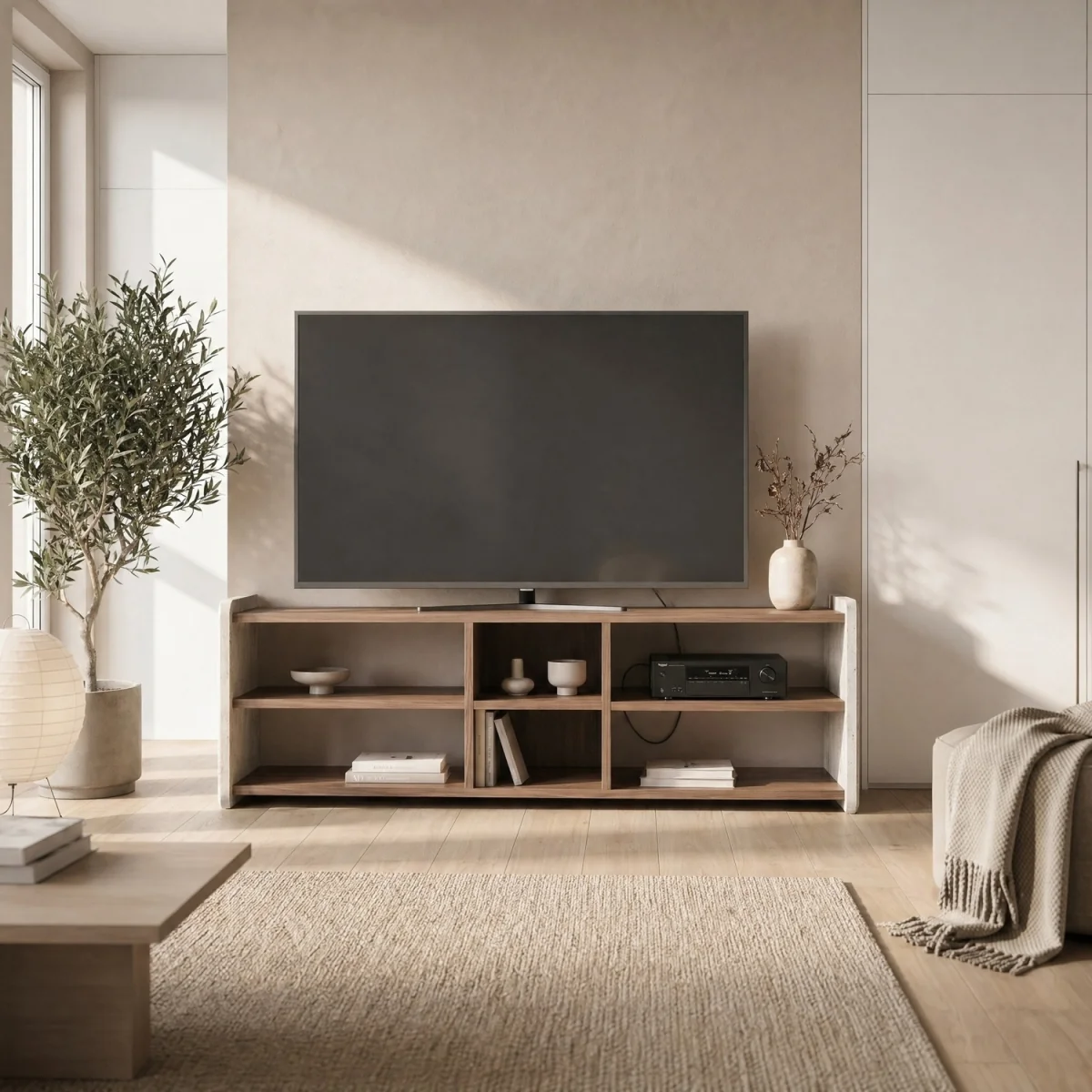 Decortie Bige TV Unit For TVs Up To 55in With 6 Open Shelves - Whiskey Oak – image 1