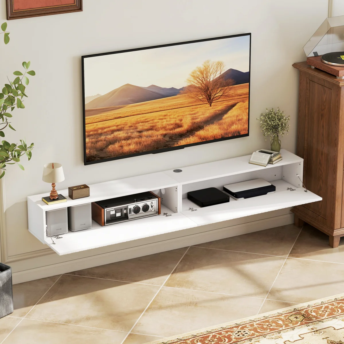 HOMCOM Wall Mount TV Stand Cabinet with Fluted Flip-Down Doors - White / 180cm – image 3