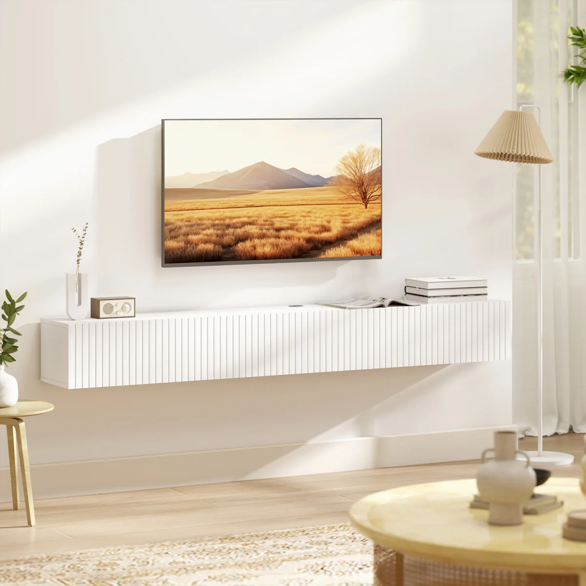 HOMCOM Wall Mount TV Stand Cabinet with Fluted Flip-Down Doors - White / 180cm – image 4