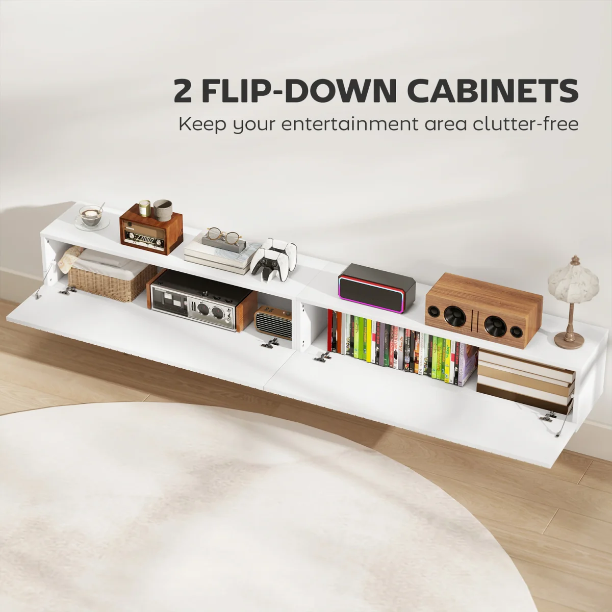 HOMCOM Wall Mount TV Stand Cabinet with Fluted Flip-Down Doors - White / 180cm – image 6