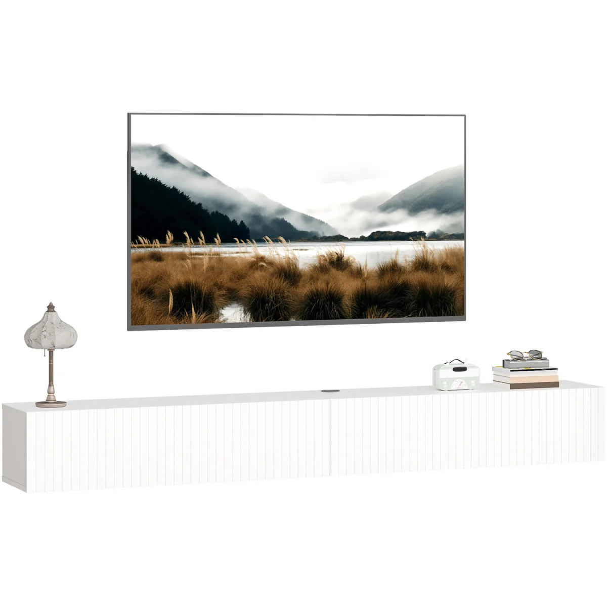 HOMCOM Wall Mount TV Stand Cabinet with Fluted Flip-Down Doors - White / 180cm – image 9