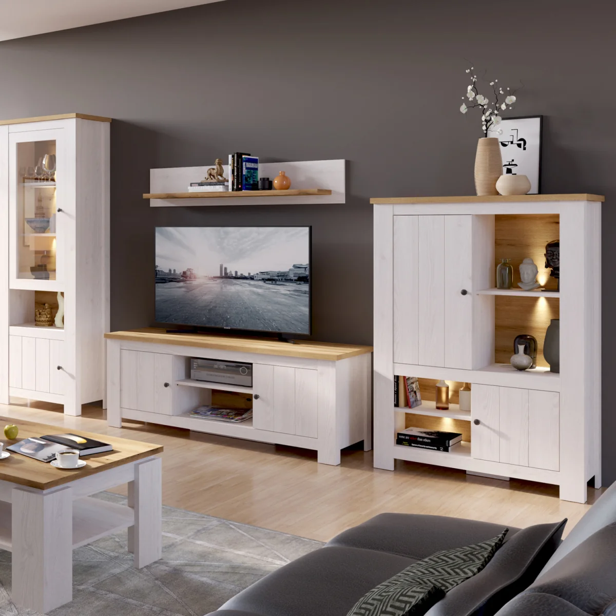 Celesto 2 Door Wide TV Unit in White and Oak (189cm) - White & Oak – image 3