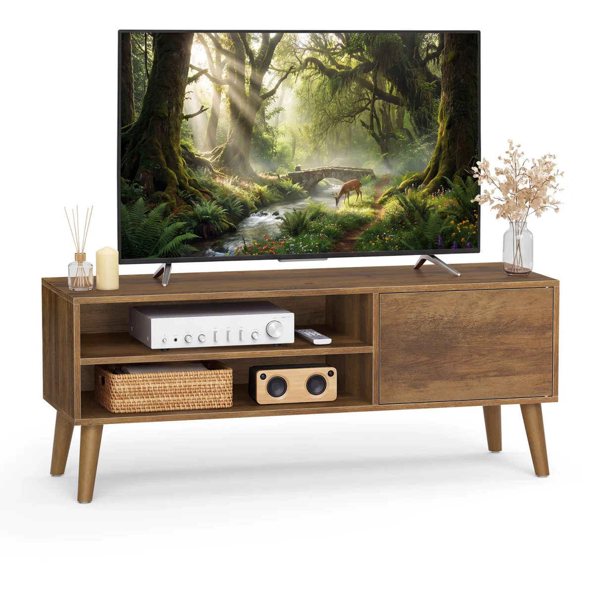 Warm Brown Rubber Wood TV Cabinet With Door Open Shelves - Brown – image 2