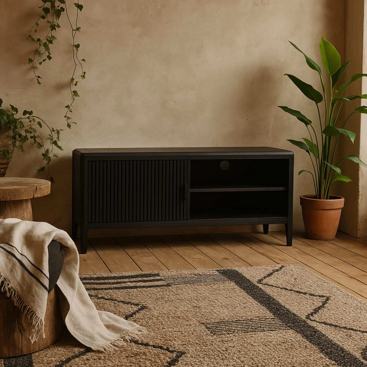 Goiania Ribbed TV Unit Compact 1 Door Media Console - Black – image 1