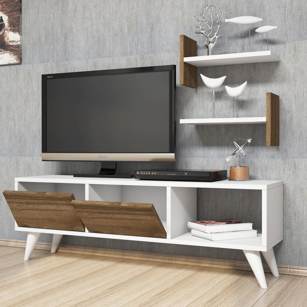 Foxy - TV Stand with 2 Wall Shelves - Walnut and White – image 2