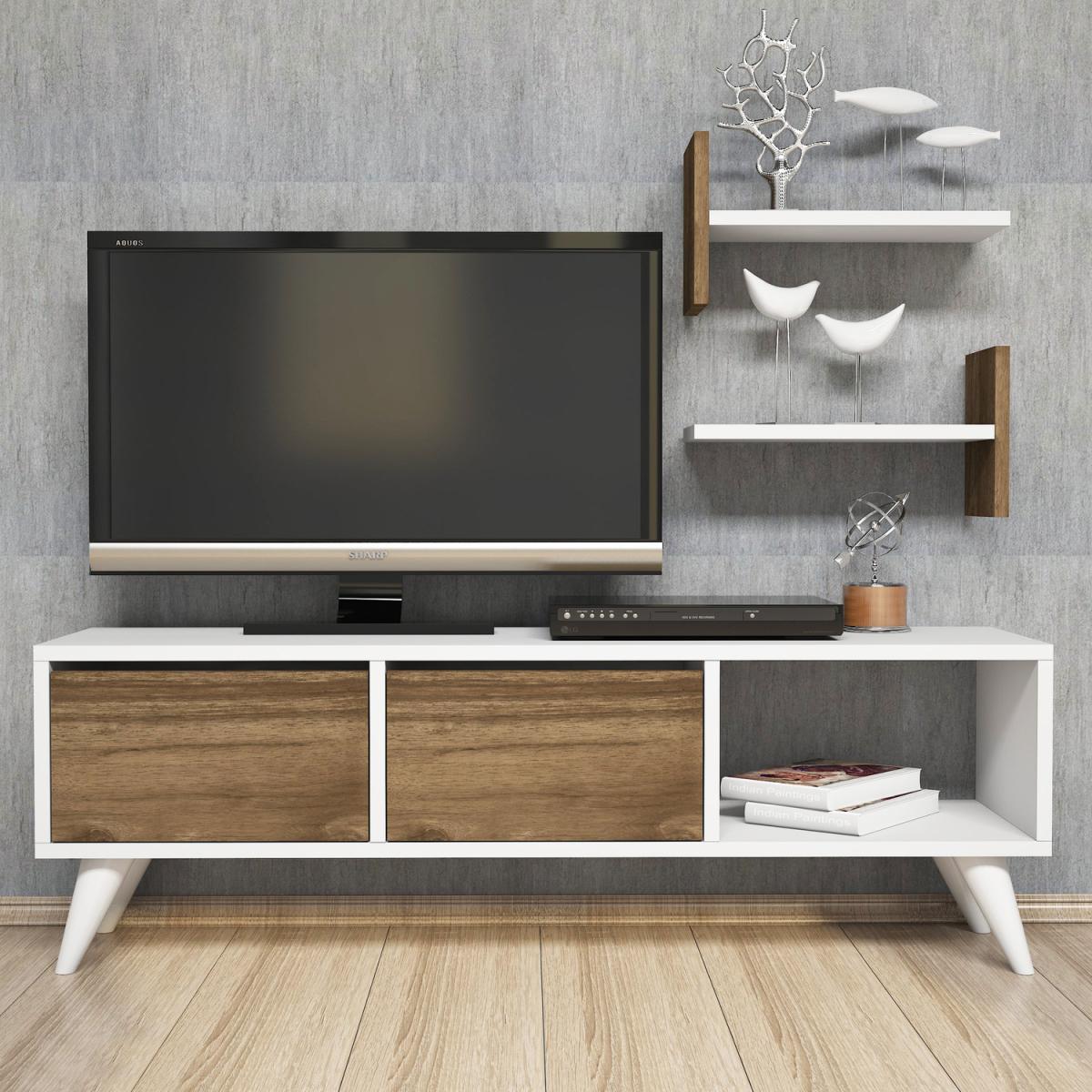 Foxy - TV Stand with 2 Wall Shelves - Walnut and White – image 3