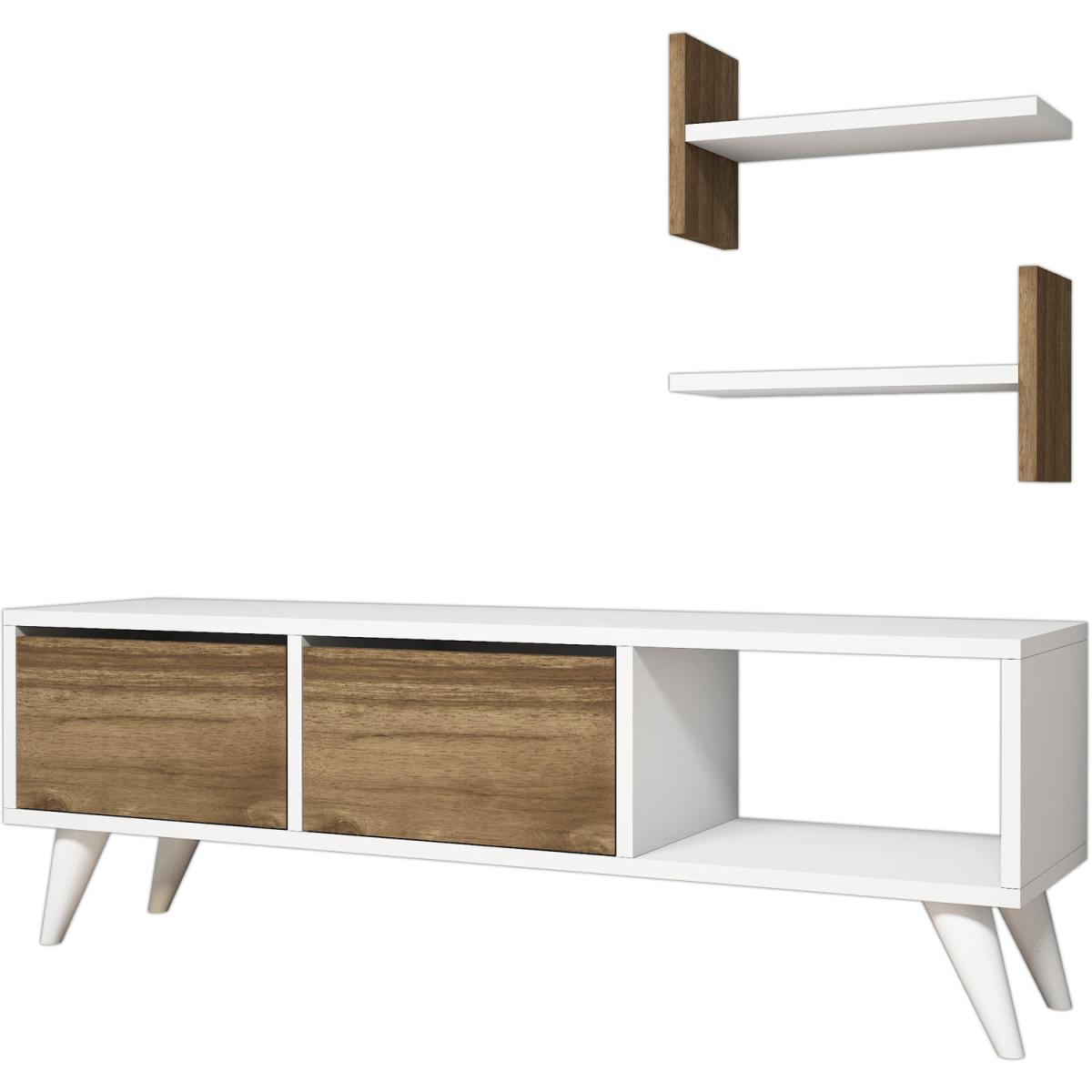 Foxy - TV Stand with 2 Wall Shelves - Walnut and White – image 4