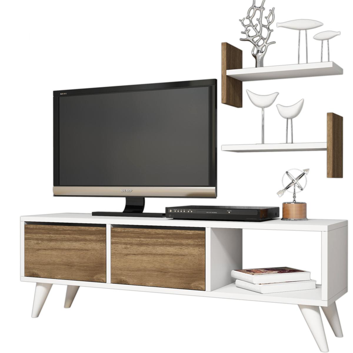 Foxy - TV Stand with 2 Wall Shelves - Walnut and White – image 5