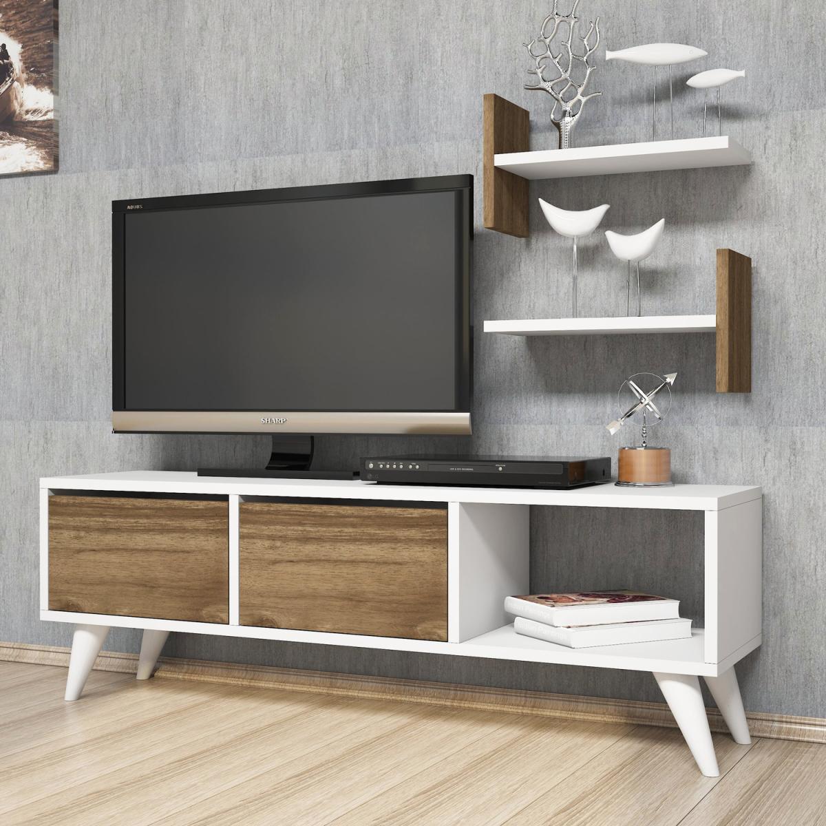 Foxy - TV Stand with 2 Wall Shelves - Walnut and White – image 6