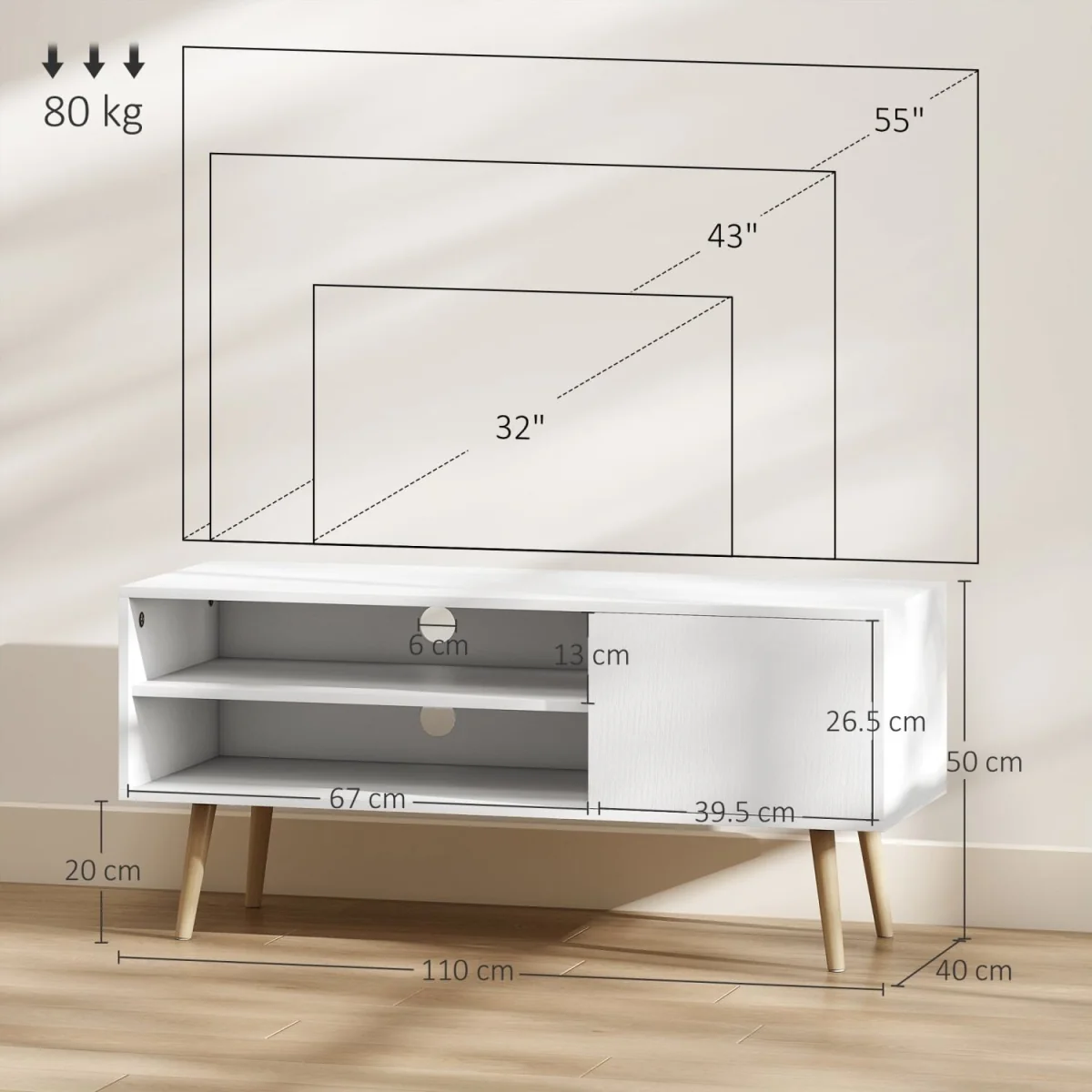 Avalia 110cm White TV Stand - Fits Up to 55-inch TVs, Open Shelves, Cable Access – image 3