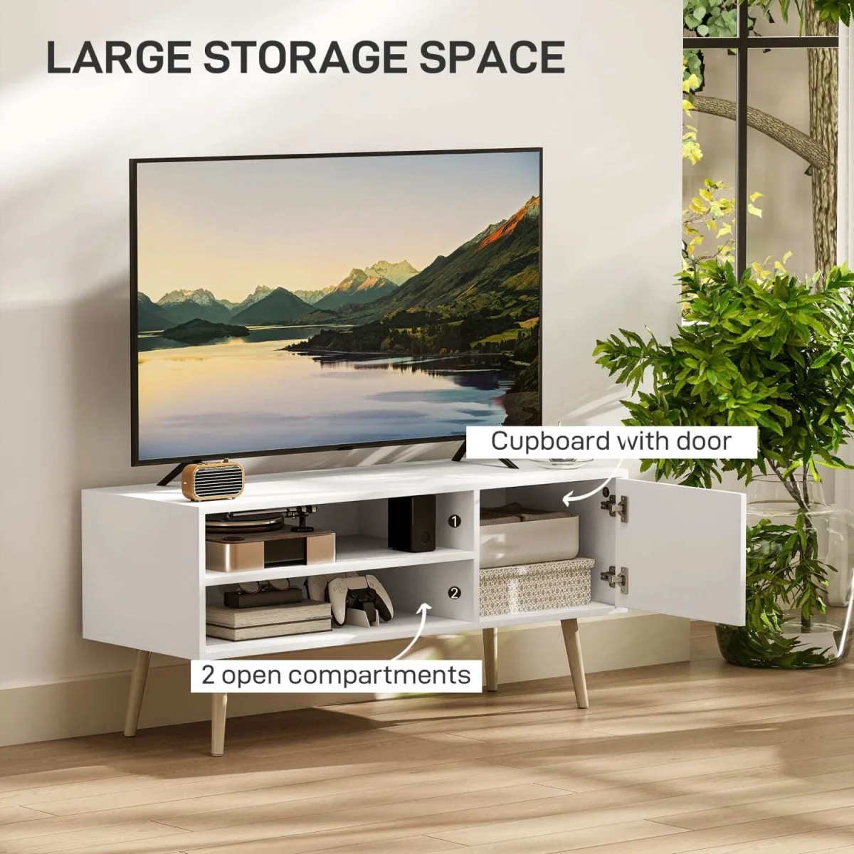Avalia 110cm White TV Stand - Fits Up to 55-inch TVs, Open Shelves, Cable Access – image 4