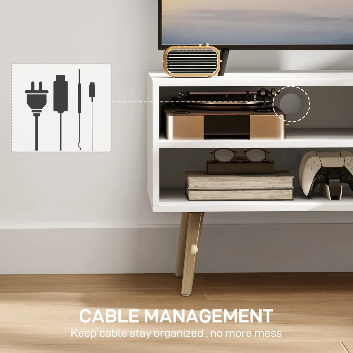 Avalia 110cm White TV Stand - Fits Up to 55-inch TVs, Open Shelves, Cable Access – image 5