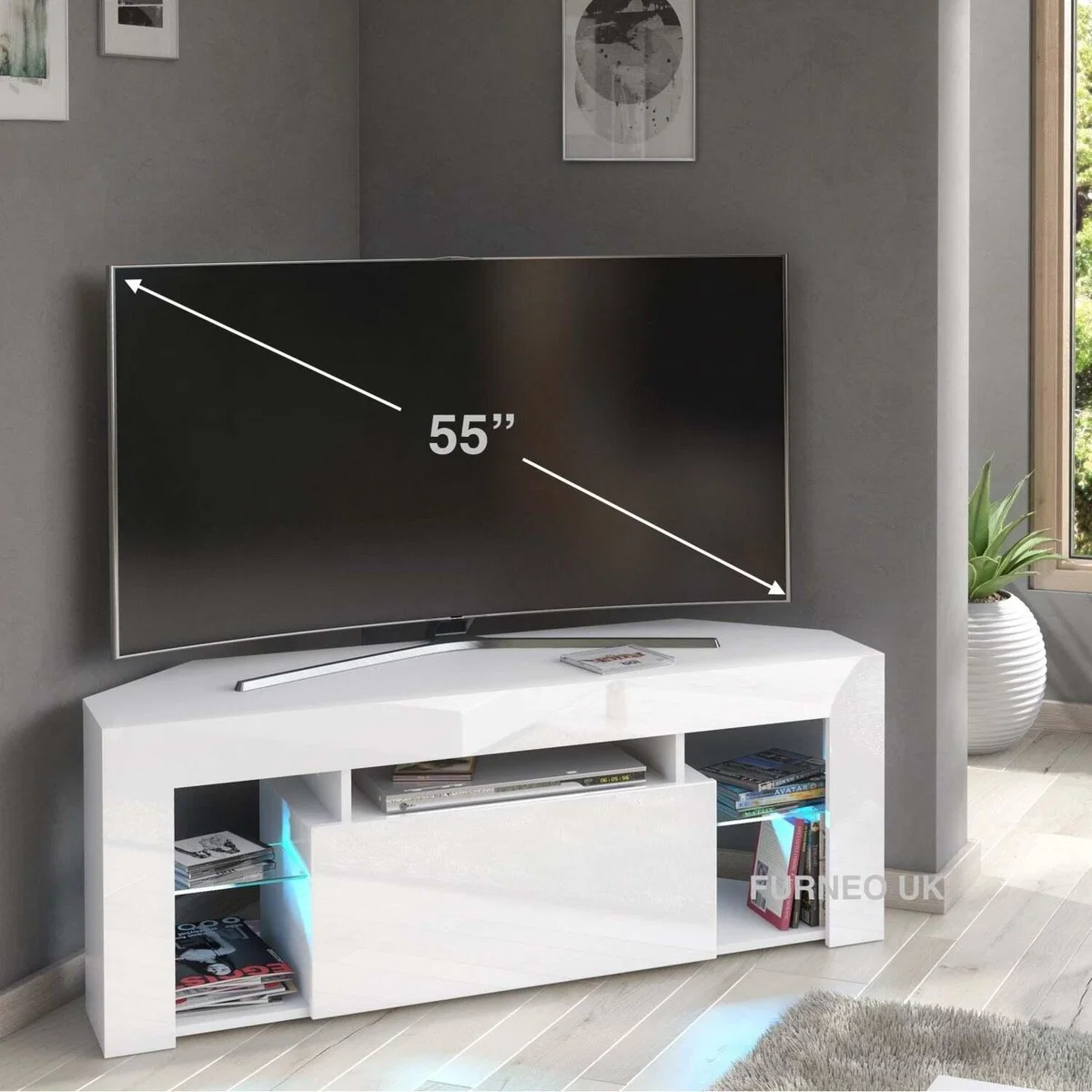 Milano 05 Corner TV Stand - White with Blue LED