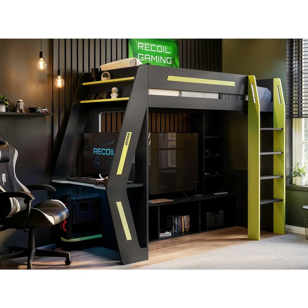 Alister Gaming High Sleeper with Desk and TV Stand - Charcoal & Green – image 2