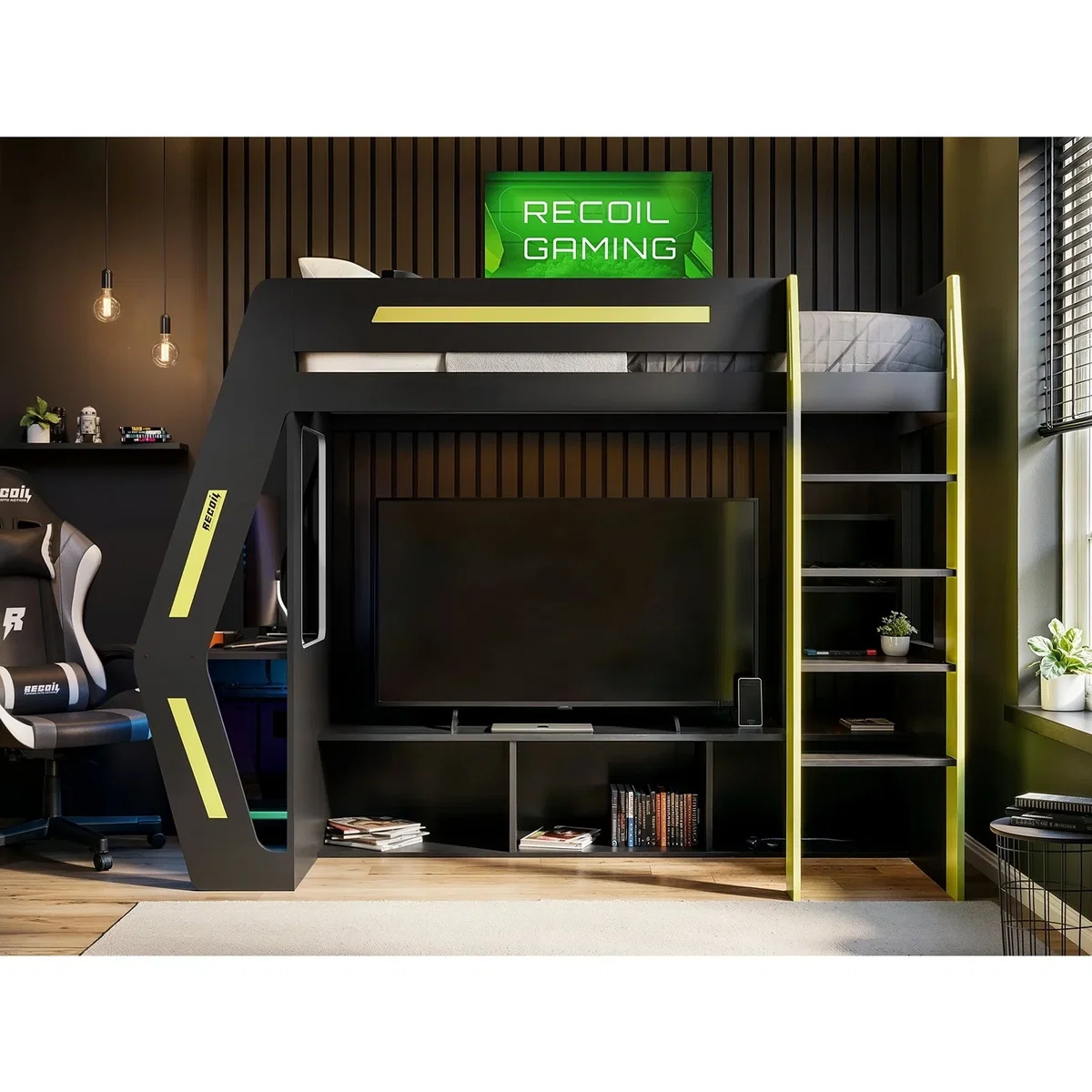 Alister Gaming High Sleeper with Desk and TV Stand - Charcoal & Green – image 3