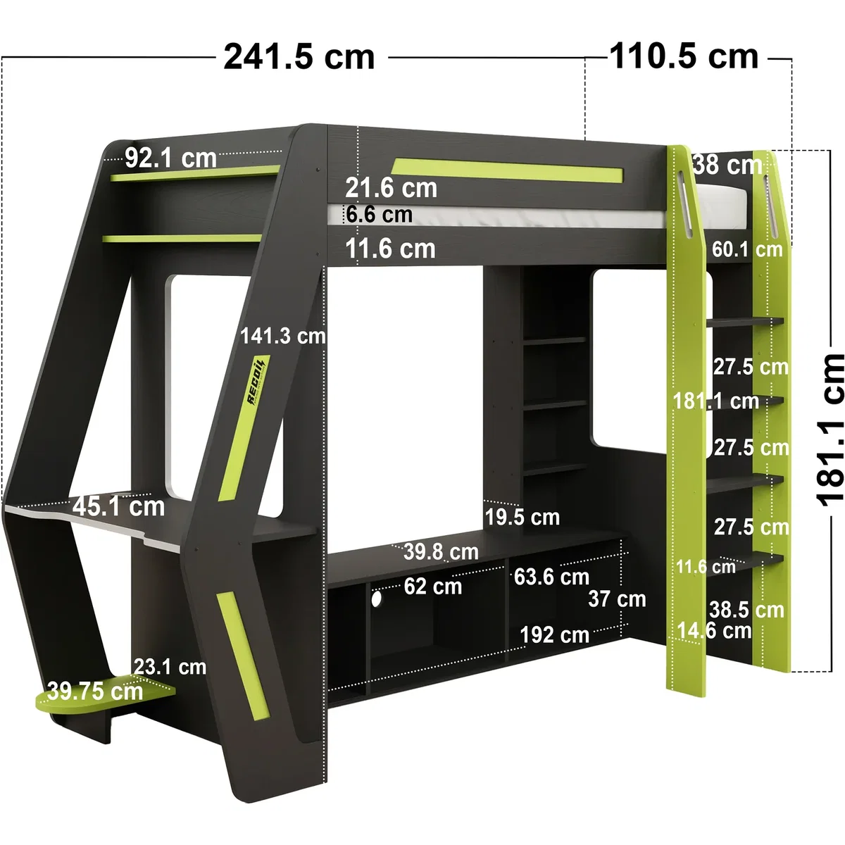 Alister Gaming High Sleeper with Desk and TV Stand - Charcoal & Green – image 5