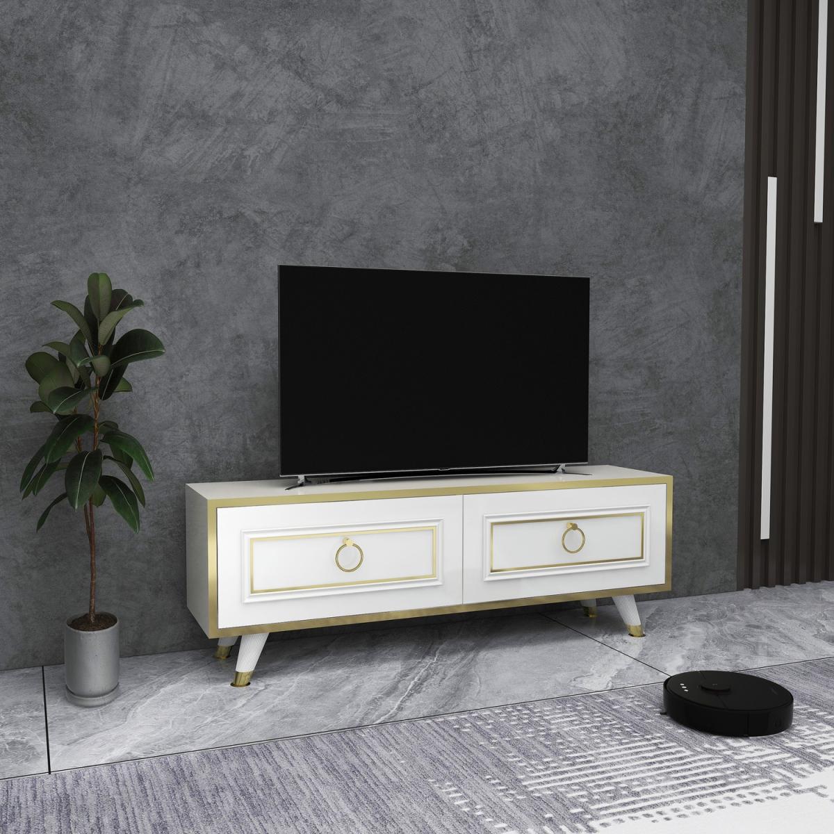 Romens 120 cm Wide TV Stand and Media Console with Cabinets - White - Gold Band – image 2