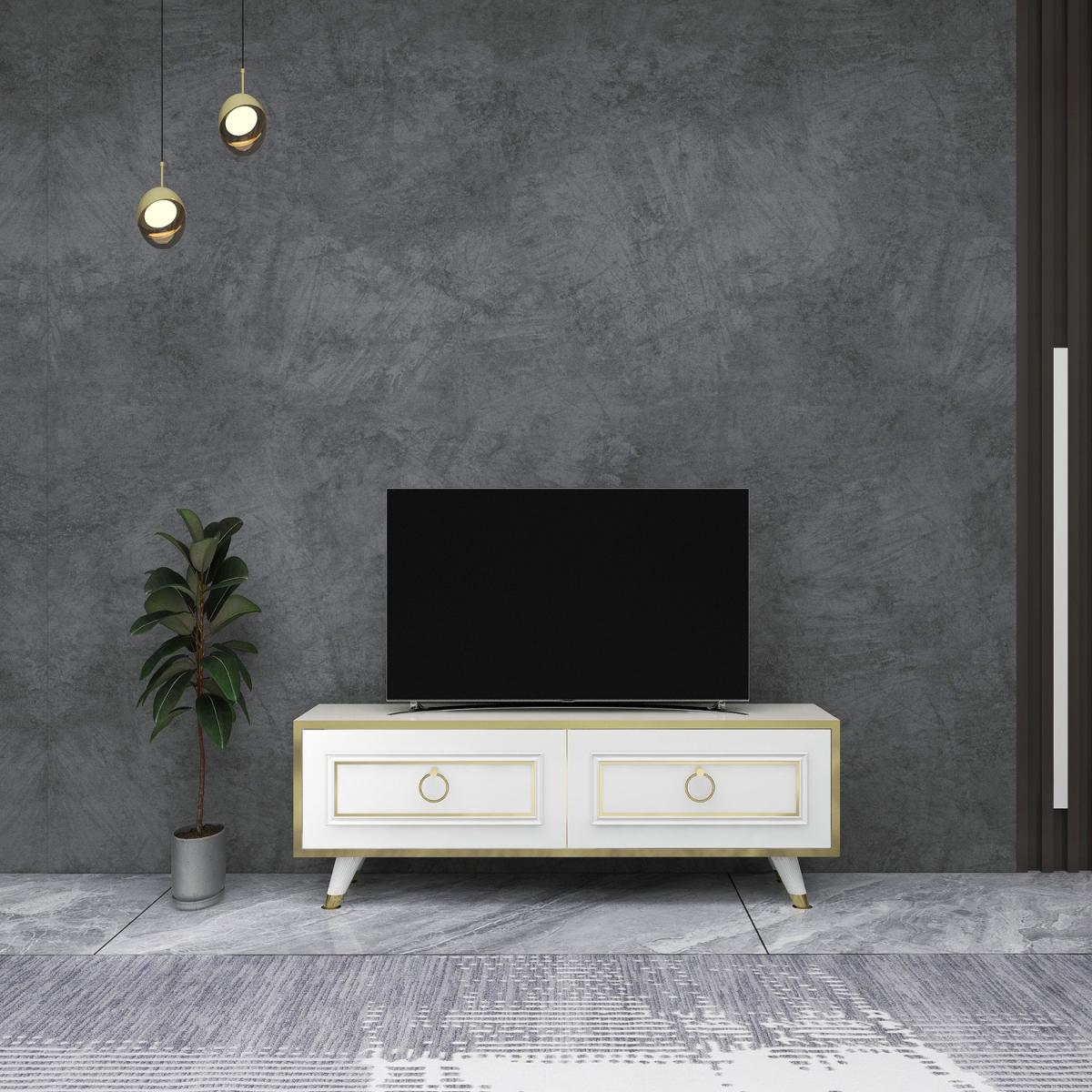 Romens 120 cm Wide TV Stand and Media Console with Cabinets - White - Gold Band – image 3