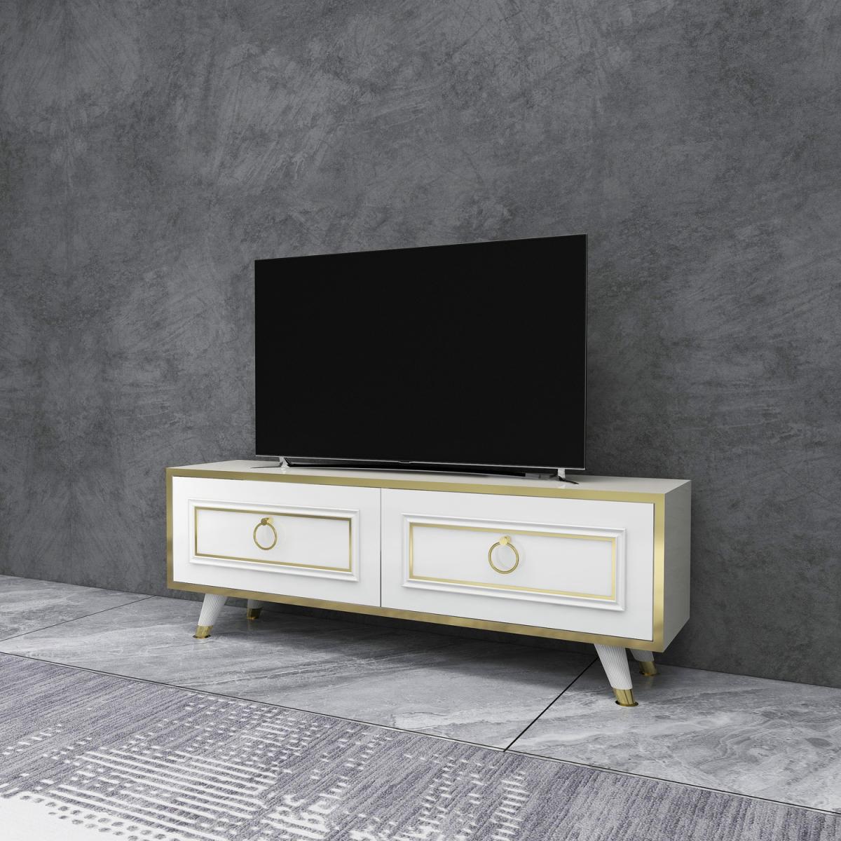 Romens 120 cm Wide TV Stand and Media Console with Cabinets - White - Gold Band – image 4