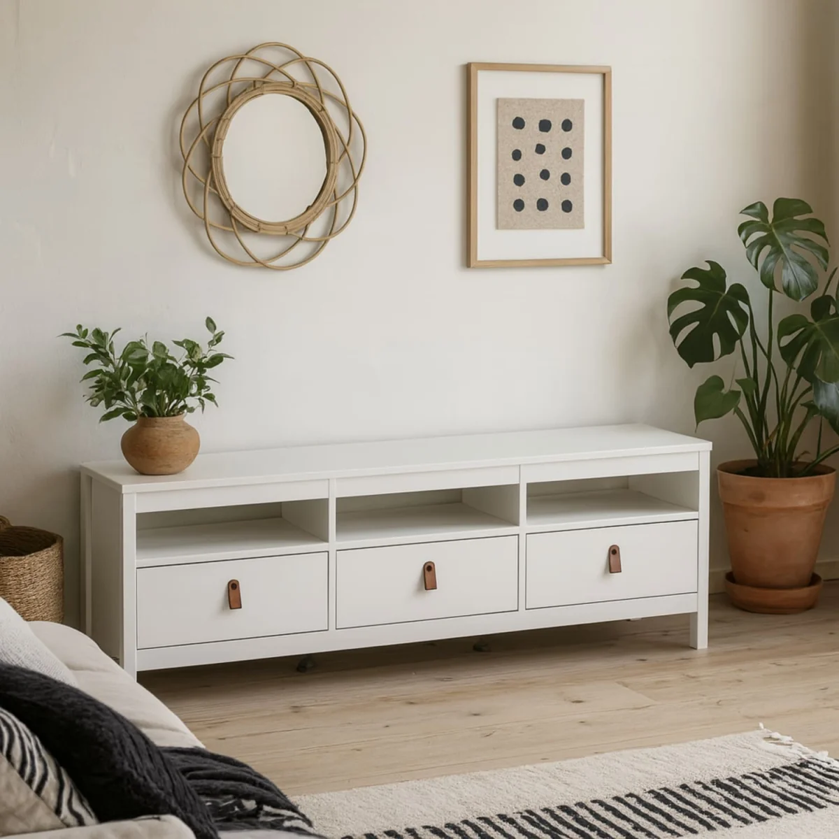 Wyld Haus Wildberry Matt White TV Unit, 3 Drawers, Brown Leather Handles - White – image 3