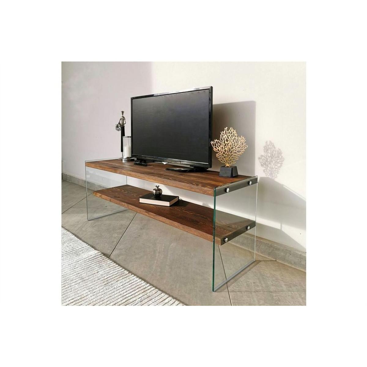 Solid Wood and Glass TV Unit Shelves Tv105 Transparent Walnut - Transparent & Walnut – image 2