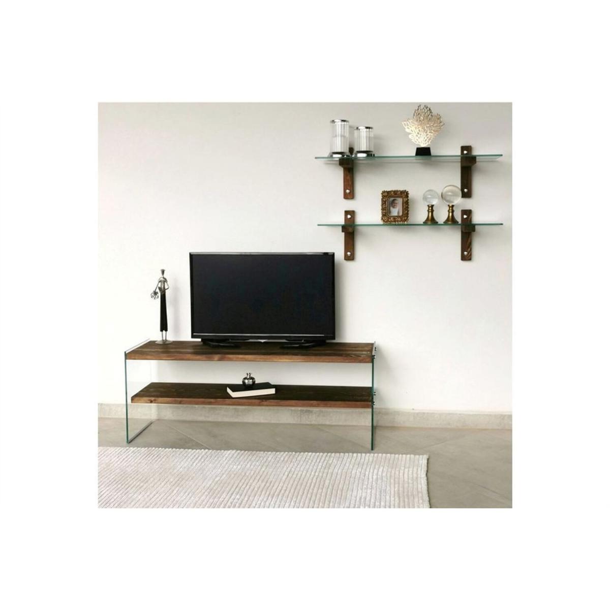 Solid Wood and Glass TV Unit Shelves Tv105 Transparent Walnut - Transparent & Walnut – image 3