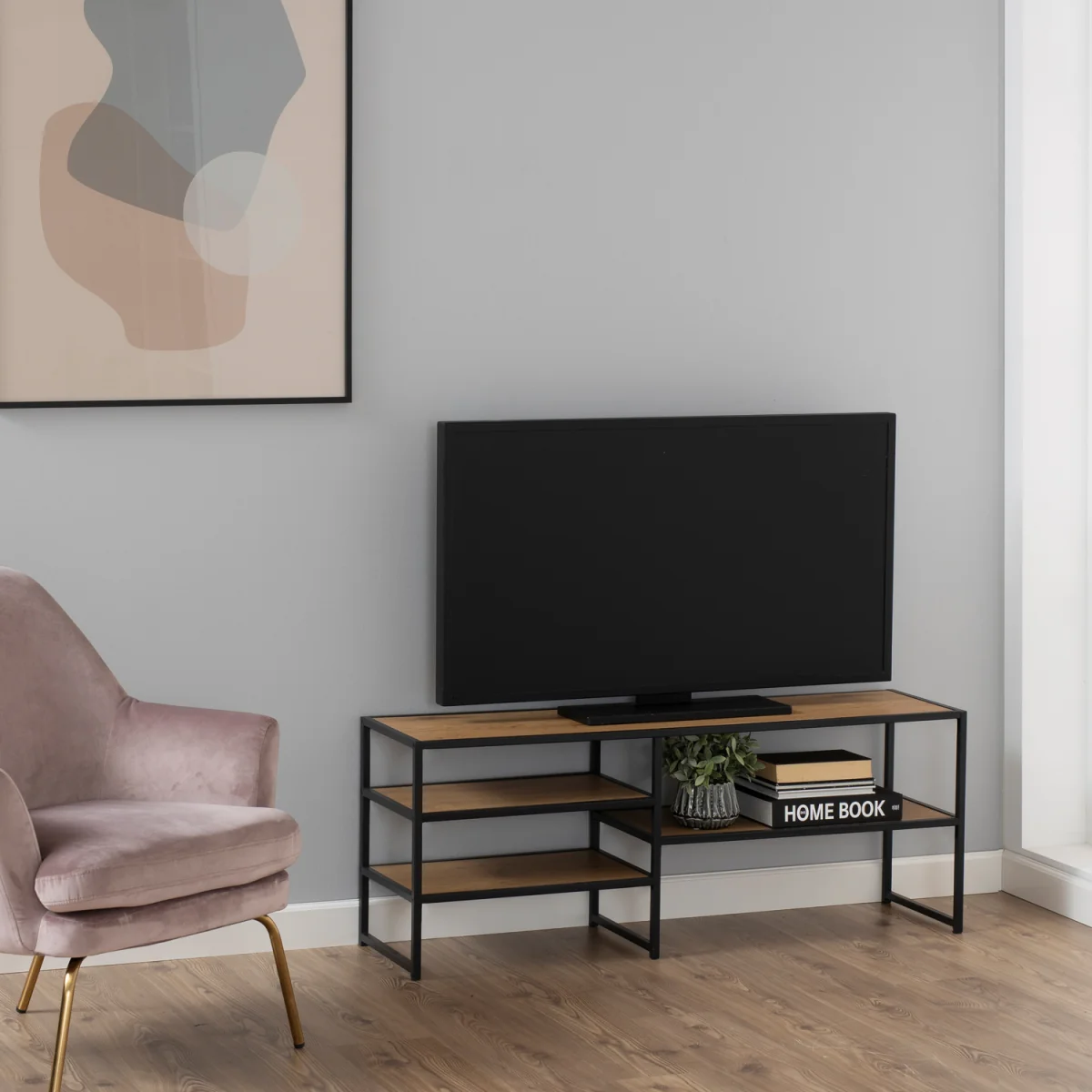 Seaford Black Metal Open TV Unit with 3 Oak Shelves - Oak & Black – image 4