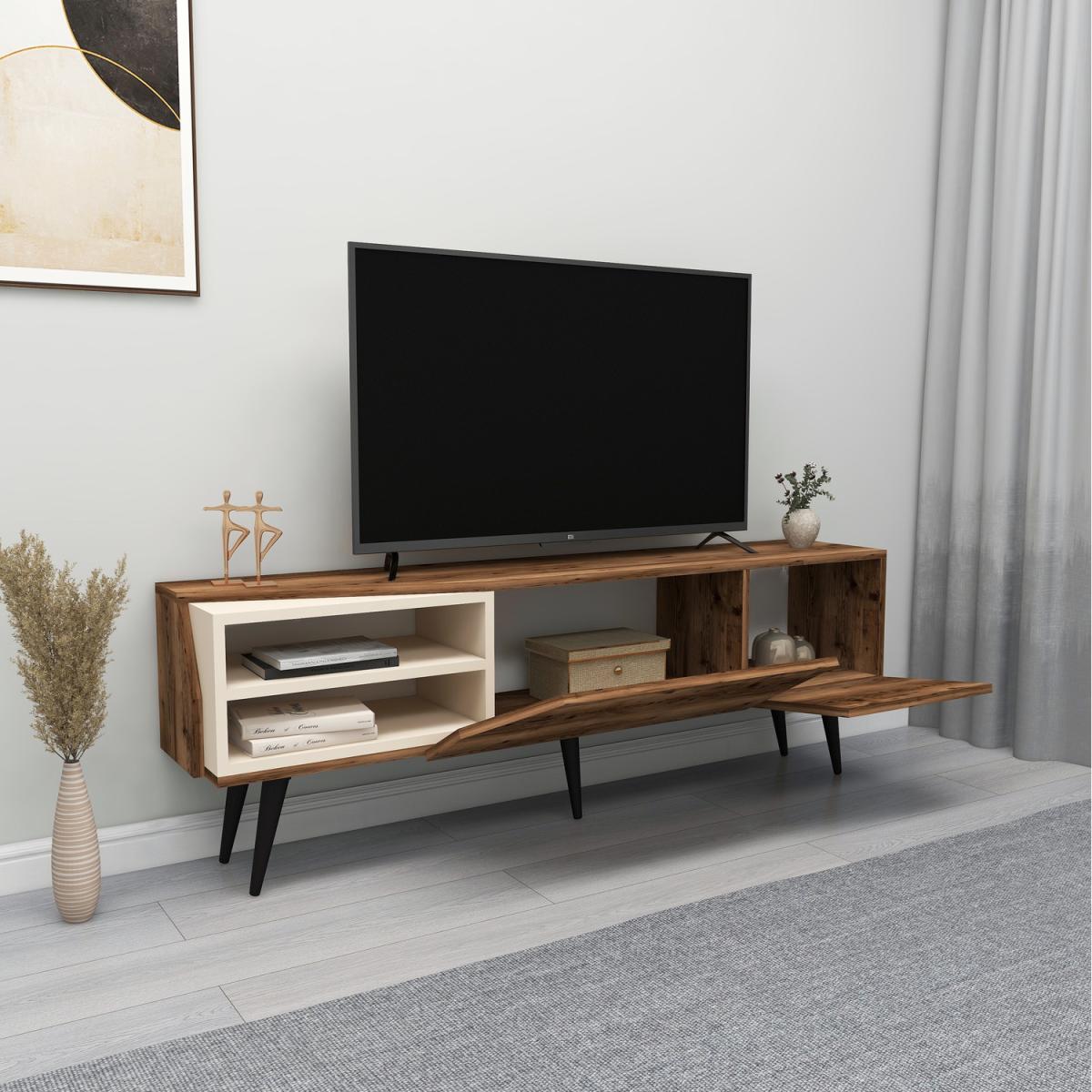 Cleon TV Stand and Media Center with Cabinets and Open Shelves - Light Walnut & Beige – image 2