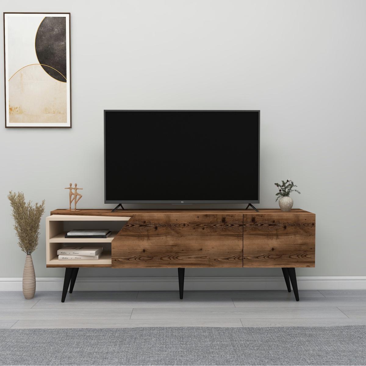 Cleon TV Stand and Media Center with Cabinets and Open Shelves - Light Walnut & Beige – image 3